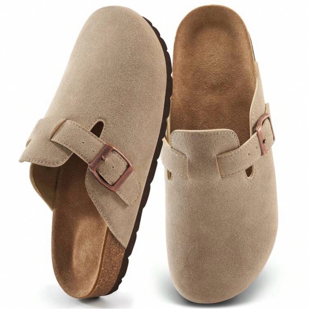 Beige Suede Slip-On Clogs